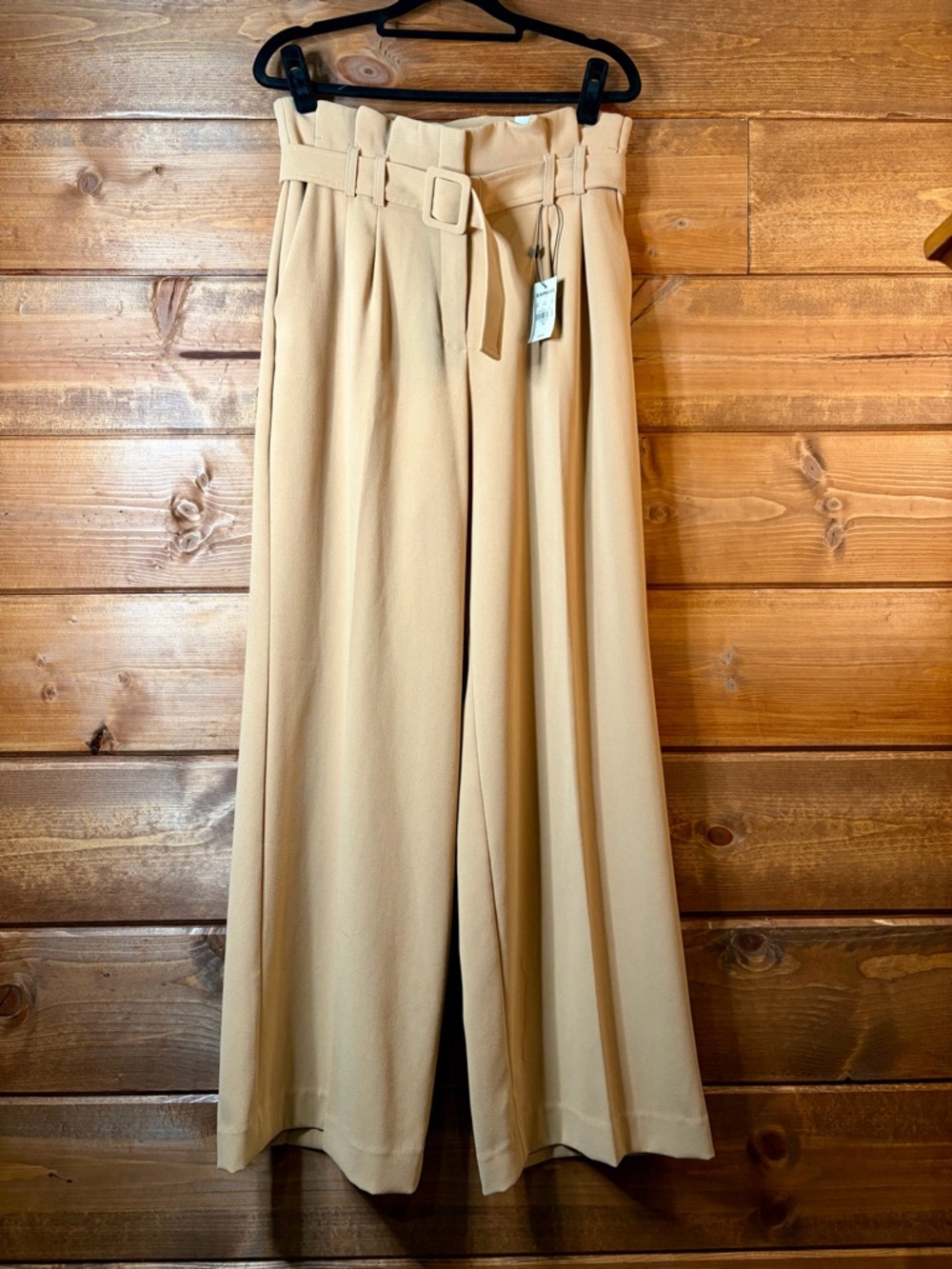 Express Paper Bag Waist Wide-Leg Trousers Slacks Pants with Fabric Belt - Beige